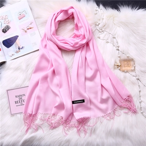 Solid pink cashmere scarf with fringes, elegant warm winter shawl for women