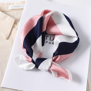 Chic 50x50cm striped silk scarf for women in pink white and navy blue elegant knot style