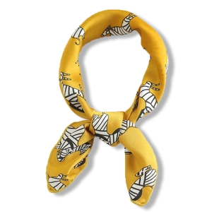 Elegant mustard yellow square silk scarf featuring a hand-drawn zebra pattern print