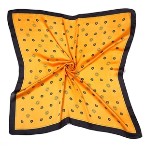 Orange silk square scarf with black camellia floral patterns and wide border