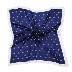 Navy blue silk square scarf featuring white camellia floral patterns and wide borders