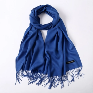 Deep blue cashmere scarf with tassels, long lightweight solid color wrap for women