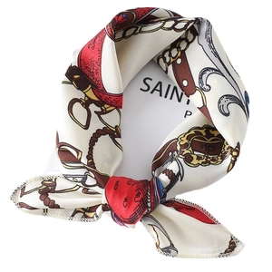 Elegant off-white silk satin square scarf with equestrian patterns like bits and chains