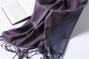 Close-up of dual-tone purple and grey cashmere-like scarf with fringe details and book