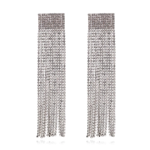 Elegant long rhinestone tassel earrings with geometric silver base and sparkling crystals