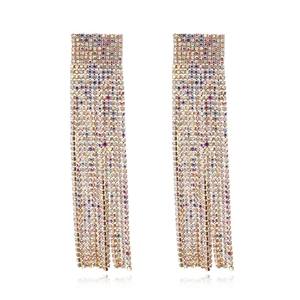 Long rhinestone tassel earrings with geometric metal base and iridescent crystals