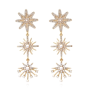 Star Drop Earrings Gold Tone Alloy Rhinestone Faux Artificial Pearl Long Dangle Statement Elegant Jewelry For Women