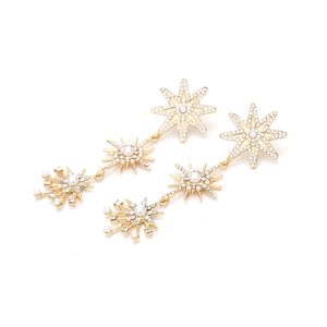 Elegant gold drop earrings with three-tier rhinestone stars and white pearls on white background