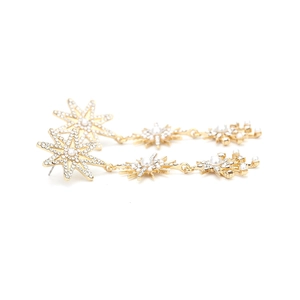 Elegant gold-tone long star drop earrings with sparkling rhinestones and white pearls