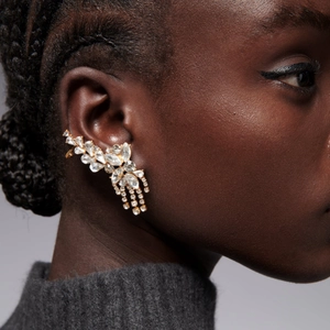 Exaggerated floral tassel cuff earrings with rhinestones on a gold alloy base