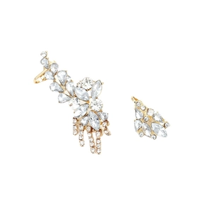Vintage gold-tone floral tassel earrings with rhinestone ear cuff and stud set