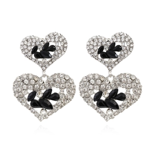 Boucles d'oreilles vintage doubles cœurs avec cristaux noirs et strass scintillants