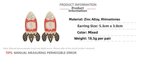 Detail view of cartoon rocket earrings with zinc alloy material and rhinestone dimensions