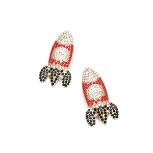 Detailed view of rhinestone rocket earrings with colorful crystals on gold-tone metal