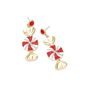 Colorful candy-shaped drop earrings with red and white rhinestones on gold base