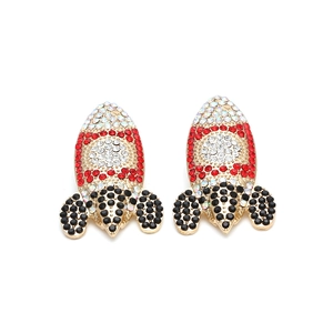 Cartoon rocket earrings with colorful rhinestones in a gold-tone geometric setting