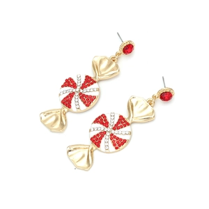 Baroque candy-shaped drop earrings with red and white crystals in gold plating