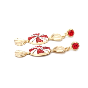 Baroque candy shaped drop earrings with red and white rhinestones in gold tone finish