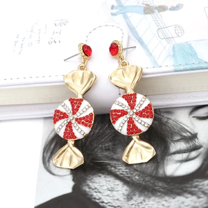 Baroque candy-shaped drop earrings with red and white crystals and a gold finish