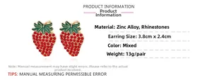 Detail view of crystal strawberry earrings with zinc alloy rhinestones and dimensions