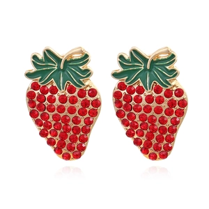 Strawberry Stud Earrings Alloy Red Rhinestones And Green Enamel Fruit Shaped Jewelry For Women Sweet Fashion Aesthetic
