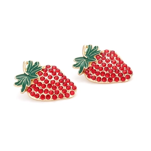 Sweet strawberry stud earrings featuring red crystals and green enamel with golden base
