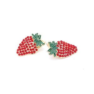 Sweet strawberry stud earrings with red crystals and green enamel in gold-tone metal