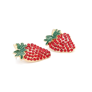 Sweet strawberry stud earrings with red crystals and green enamel on gold metal base