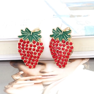 Sparkling strawberry stud earrings with red crystals and green enamel leaf accents