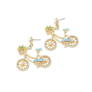 Colorful bicycle earrings with pearl and rhinestones in blue enamel and gold finish