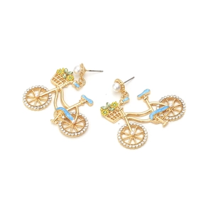 Cartoon bicycle drop earrings with colorful enamel, white crystals and pearl accents