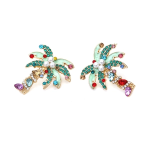 Tropical coconut tree earrings with colorful rhinestones and pearls on gold-toned metal