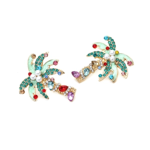 Exquisite palm tree earrings with colorful rhinestones and pearls in tropical style