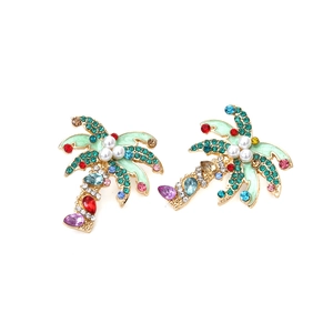 Tropical coconut tree earrings with colorful crystals and pearls on gold base
