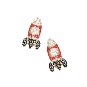 Cartoon rocket earrings with multicolored rhinestones and gold-plated alloy finish