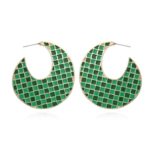 Geometric Checkerboard Hoop Earrings Enamel Retro Colorful Alloy Statement C-Shape Jewelry For Women