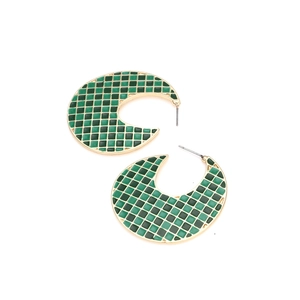 Green checkerboard pattern crescent earrings with gold-plated geometric design