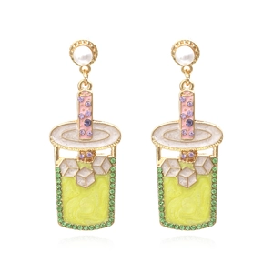Milk Tea Cup Dangle Earrings With Alloy Rhinestone And Imitation Artificial Pearl Creative Beverage Shape Jewelry For Women