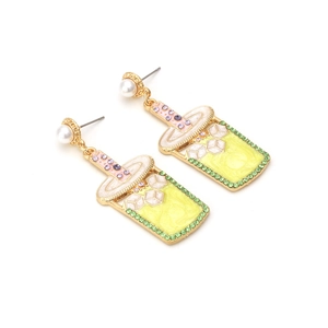 Exaggerated creative milk tea cup earrings with yellow enamel, rhinestones and pearls