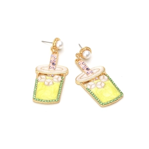 Creative bubble tea drop earrings with yellow enamel, sparkling crystals and white pearls