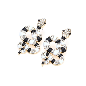 Exquises boucles d'oreilles serpent dorées avec strass blancs et émail noir rayé