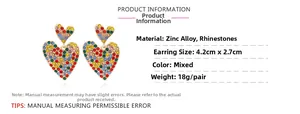 Detailed view of colorful rhinestone heart earrings with size specs 4.2cm by 2.7cm