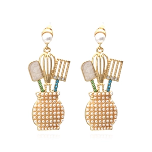 Kitchen Utensils Dangle Earrings Creative Alloy Imitation Artificial Pearl Rhinestone Enamel Whisk Spatula Fun Jewelry For Women