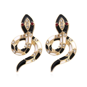 Fashion Cobra Stud Earrings Gold Alloy Black White Enamel Rhinestone Statement Animal Jewelry For Women