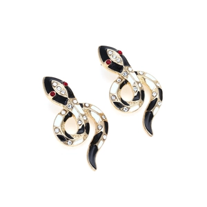 Gold-plated snake earrings with black white enamel and sparkling zircon accents