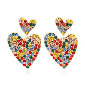 Heart Dangle Earrings Alloy Colorful Rhinestone Layered Multi Color Statement Fashion Jewelry For Women