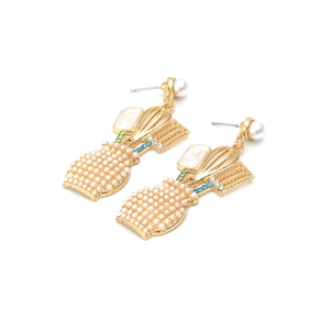Golden creative cutlery earrings with white pearls and colorful rhinestones detail