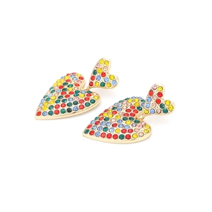 Exaggerated double heart earrings with multi-color rhinestones in gold setting