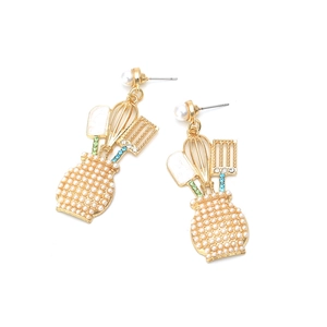 Creative gold cutlery drop earrings with white pearls and colorful rhinestones