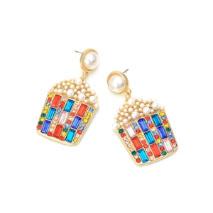 Creative popcorn drop earrings with colorful crystals and white pearls on gold-plated metal